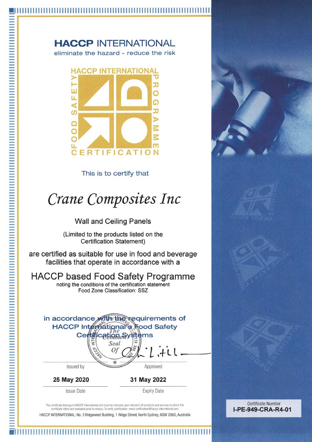 HACCP-Zertifikat für Glasbord&circledR; von Hydewa, Crane Composites Inc.